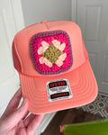 Coral Granny Square Trucker Hat