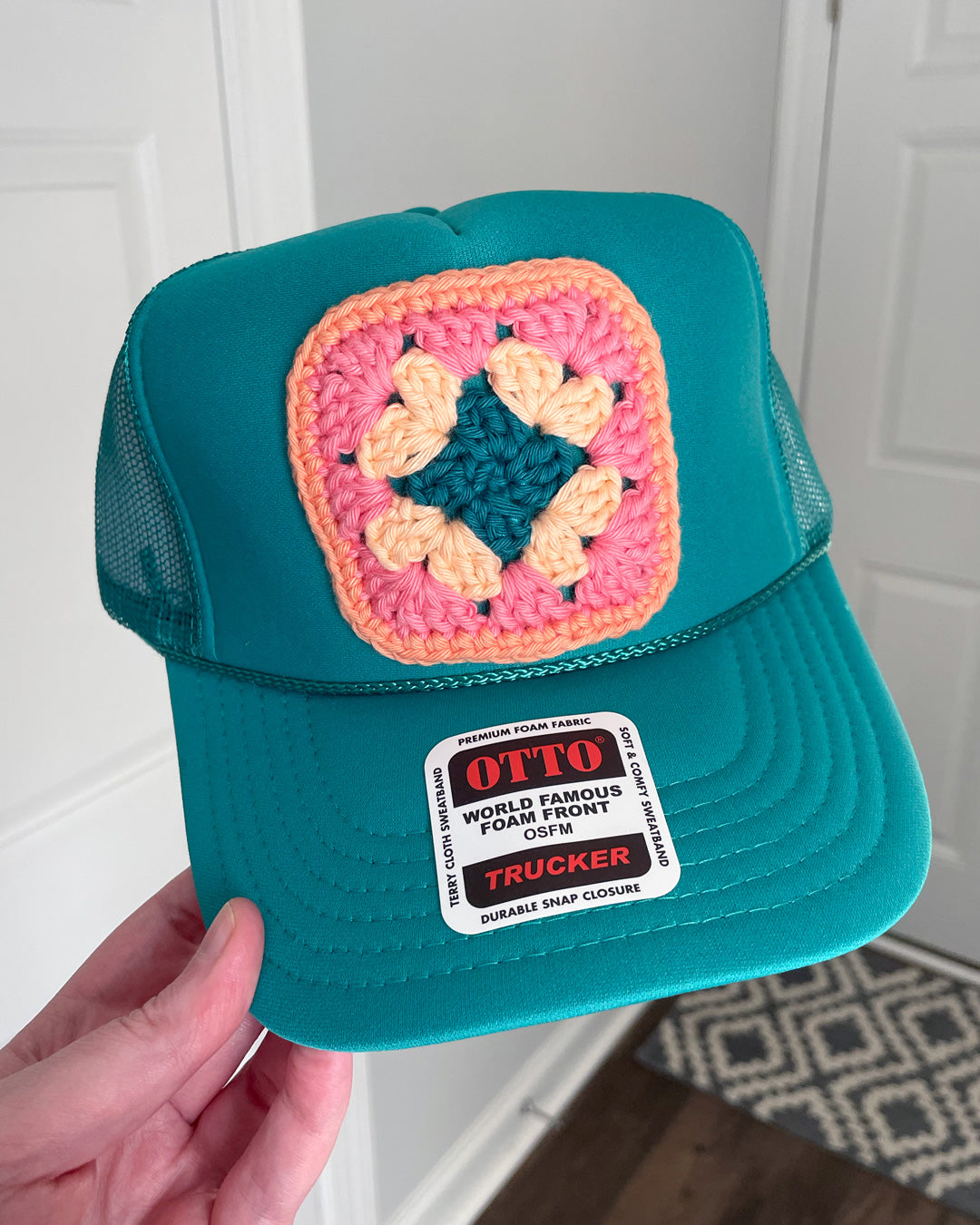 Deep Teal Granny Square Trucker Hat